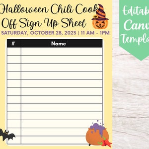 EDITABLE and Printable Halloween Chili Cook Off Sign Up Sheet Template, Instant Download Chili Cook Off Canva Sign Up Sheet Template