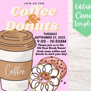 Editable Coffee and Donuts Event Invitation Flyer Template, Instant Download 8.5&quot; x 11&quot; Coffee and Donuts Event Canva Flyer Template