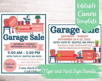 Editable and Printable Garage Sale Event Flyer and Yard Sign Template Bundle, Instant Download Garage Sale Event Canva Template Bundle