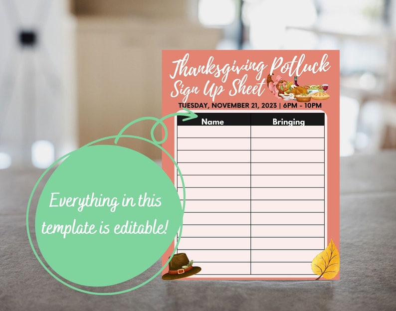 EDITABLE and Printable Thanksgiving Potluck Sign up Sheet Template, Instant Download ...
