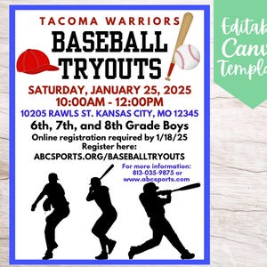 School Baseball Tryouts Flyer Template, Editable and Printable Instant Download Organization Travel Baseball Tryouts Flyer Template