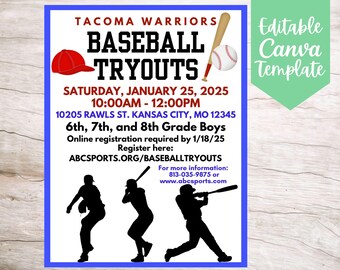 School Baseball Tryouts Flyer Template, Editable and Printable Instant Download Organization Travel Baseball Tryouts Flyer Template
