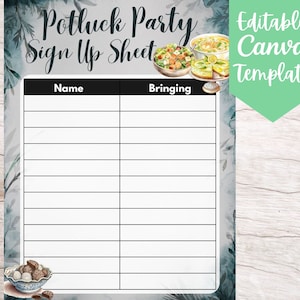 Puede incluir: Una hoja de inscripción para una fiesta de potluck imprimible con un diseño floral de acuarela. La hoja incluye secciones para el nombre y lo que se va a traer, con ilustraciones de comida. Las palabras "Potluck Party Sign Up Sheet" están en la parte superior.