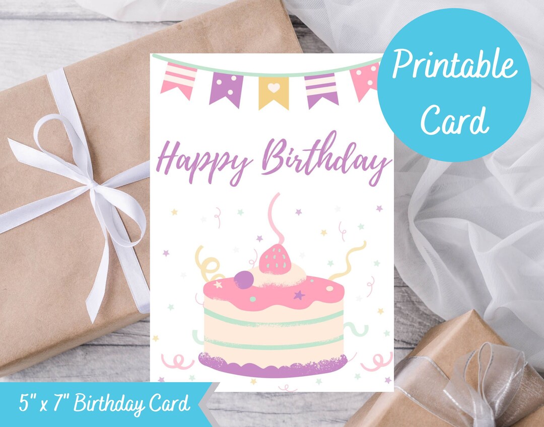 Printable Cake and Streamers Birthday Card Instant Download Etsy