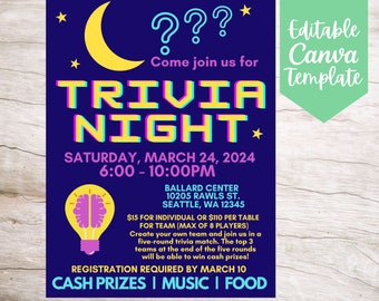 Trivia Night Event Invitation Flyer Template (Editable and Printable Digital Download)