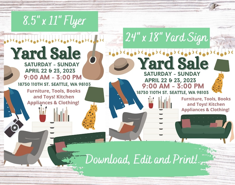 EDITABLE and Printable Yard Sale Flyer and Yard Sign Template Bundle ...