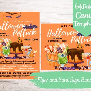 Bearbeitbare und druckbare Halloween Potluck Flyer und Yard Zeichen Vorlagen Bundle, Sofort Download Halloween Potluck Canva Vorlagen Bundle