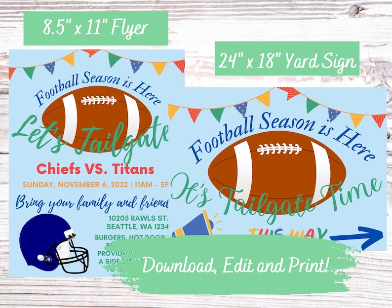 Editable and Printable Football Tailgate Party Flyer and Yard Sign