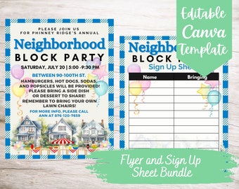 Neighborhood Block Party Flyer and Sign Up Sheet Template Bundle, Editable and Printable Block Party Flyer and Participation Sheet Template