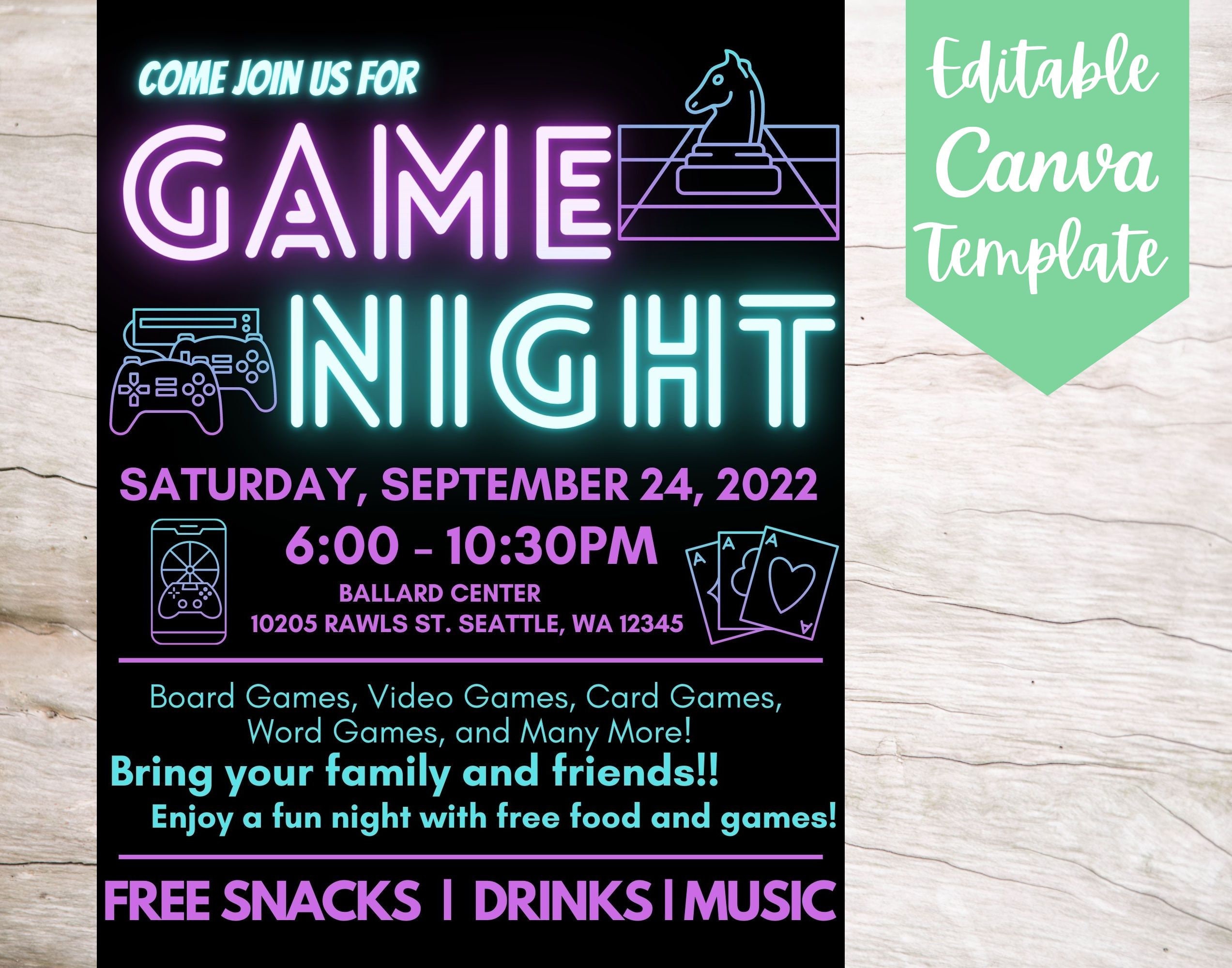 Editable and Printable Neon Game Night Invitation Flyer Template