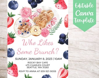May include: A watercolor-style invitation for a brunch party. The invitation features a pink and white floral design with strawberries, blueberries, and donuts. The text reads "Who Likes Some Brunch?" and includes the date, time, location, and RSVP information.