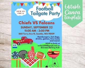May include: A blue and green football tailgate party invitation with a red truck, a football helmet, a football, and a grill. The text on the invitation reads "Football Tailgate Party", "Chiefs VS Falcons", "Sunday, September 22", "11:00 AM - 3:00 PM", "860 Terry Ave N, Seattle, WA 98109", "Hamburgers, hot dogs, drinks, games, live music and more!" and "RSVP to Emily at emily2394@gmail.com or 813-035-9875 by 9/8".