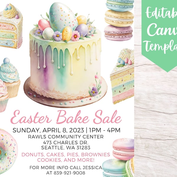 EDITABLE and Printable Easter Bake Sale Flyer Template, Instant Download Easter School or Community Bake Sale Canva Flyer Template