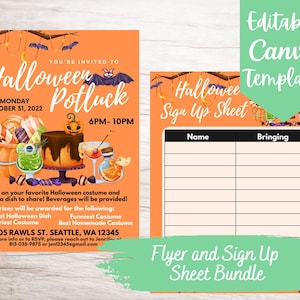 EDITIERBARE und druckbare Halloween Potluck Flyer und Sign Up Sheet Template Bundle, Sofort Download Halloween Potluck Canva Template Bundle