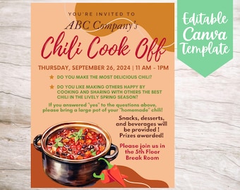 Office Chili Cook Off Event Invitation Flyer Template, Editable and Printable Instant Download Community Chili Cook Off Flyer Template
