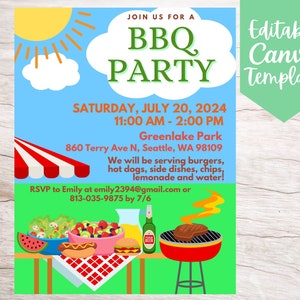 May include: A colorful invitation for a BBQ party at Greenlake Park in Seattle, Washington on Saturday, July 20, 2024 from 11:00 AM to 2:00 PM. The invitation features a cartoon sun, a red and white striped awning, and a grill with food. The text on the invitation says "Join us for a BBQ Party" and includes the date, time, location, and RSVP information.
