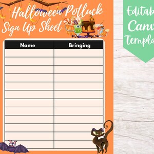 EDITABLE and Printable Halloween Potluck Sign Up Sheet Template, Instant Download Cute Halloween Potluck Canva Sign Up Sheet Template