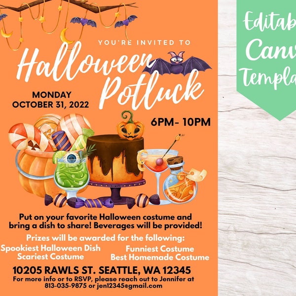 Bearbeitbare und druckbare Niedliche Halloween Potluck Einladung Flyer Vorlage, Sofortiger Download Halloween Potluck Abendessen Canva Flyer Vorlage