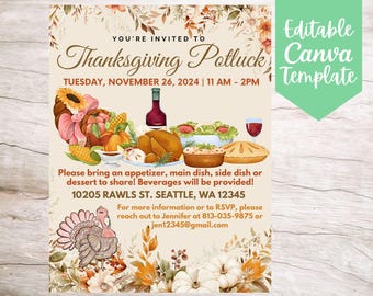 May include: Thanksgiving Potluck invitation with a watercolor illustration of a cornucopia filled with fall harvest foods, including corn, pumpkins, and a turkey. The invitation includes the date, time, and address for the event. It also includes the text "Editable Canva Template".