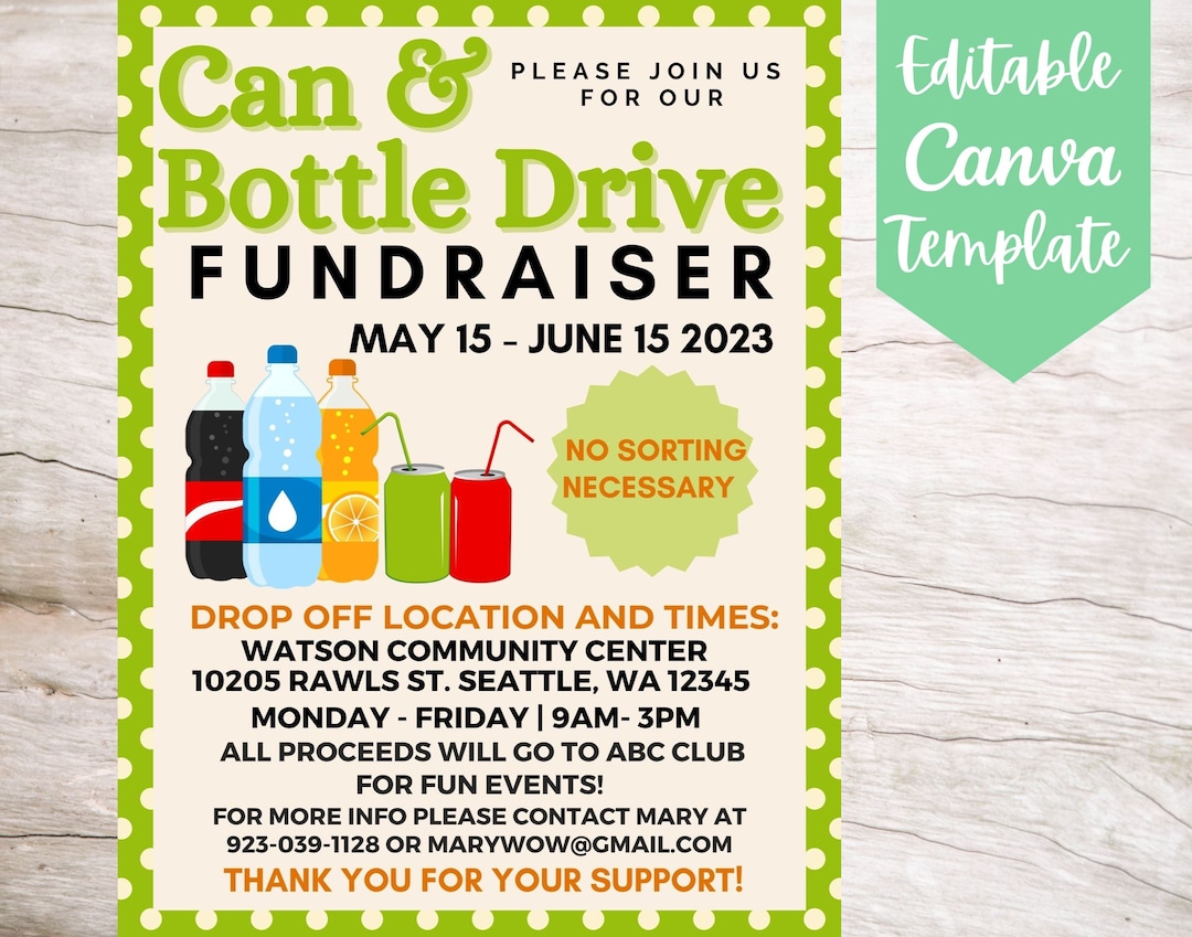 EDITABLE and Printable Can and Bottle Drive Fundraiser Flyer Template