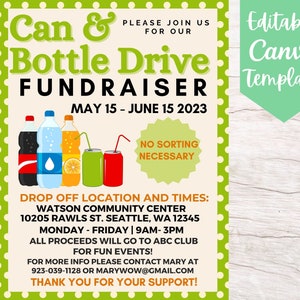 EDITABLE and Printable Can and Bottle Drive Fundraiser Flyer Template, Instant Download Community Can & Bottle Drive Fundraiser Canva Flyer