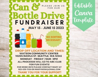 EDITABLE and Printable Can and Bottle Drive Fundraiser Flyer Template, Instant Download Community Can & Bottle Drive Fundraiser Canva Flyer