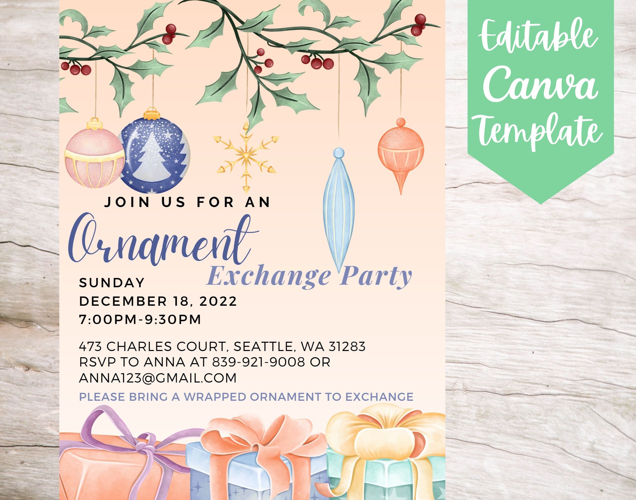 Editable and Printable Christmas Ornament Exchange Party Etsy