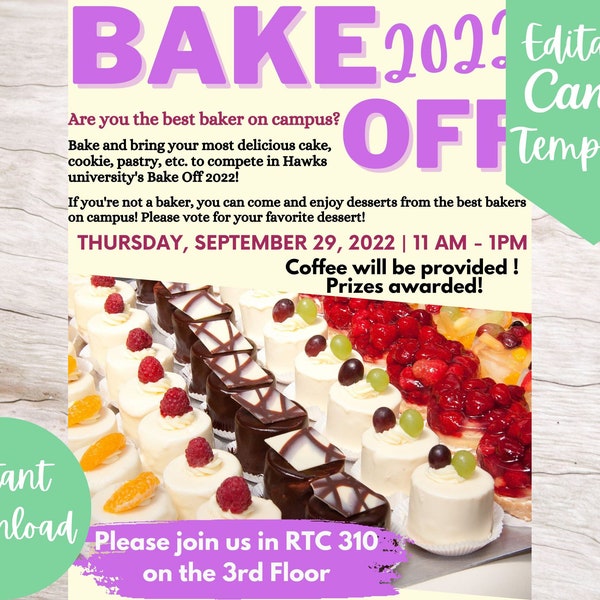 Editable and Printable Bake Off Invitation Flyer Template for School, Instant Download Bake Off Canva Flyer Template for Office Events