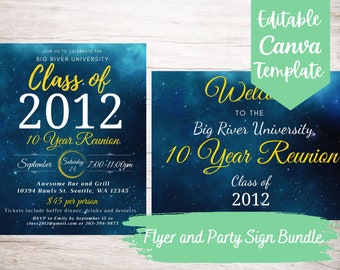 EDITABLE and Printable College and High School Reunion Flyer and Party Sign Template Bundle, Instant Download Canva Template Bundle