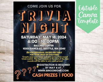 Galaxy Space Trivia Night Invitation Flyer Template, Editable and Printable Instant Download Trivia Night Flyer Template