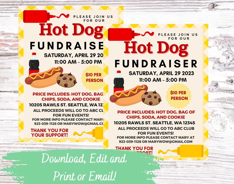 EDITABLE and Printable Hot Dog Fundraiser for Organization Flyer