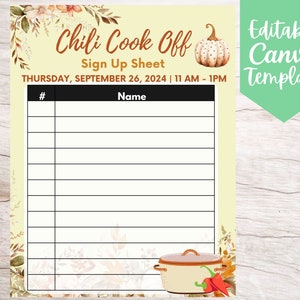 Fall Chili Cook Off Pumpkins Sign Up Sheet Template, Editable and Printable Instant Download Chili Cook Off Participation Sheet Template