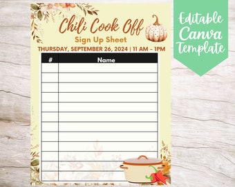 Fall Chili Cook Off Pumpkins Sign Up Sheet Template, Editable and Printable Instant Download Chili Cook Off Participation Sheet Template