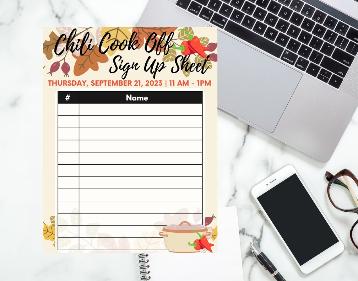 EDITABLE and Printable Chili Cook off Sign up Sheet Template, Instant