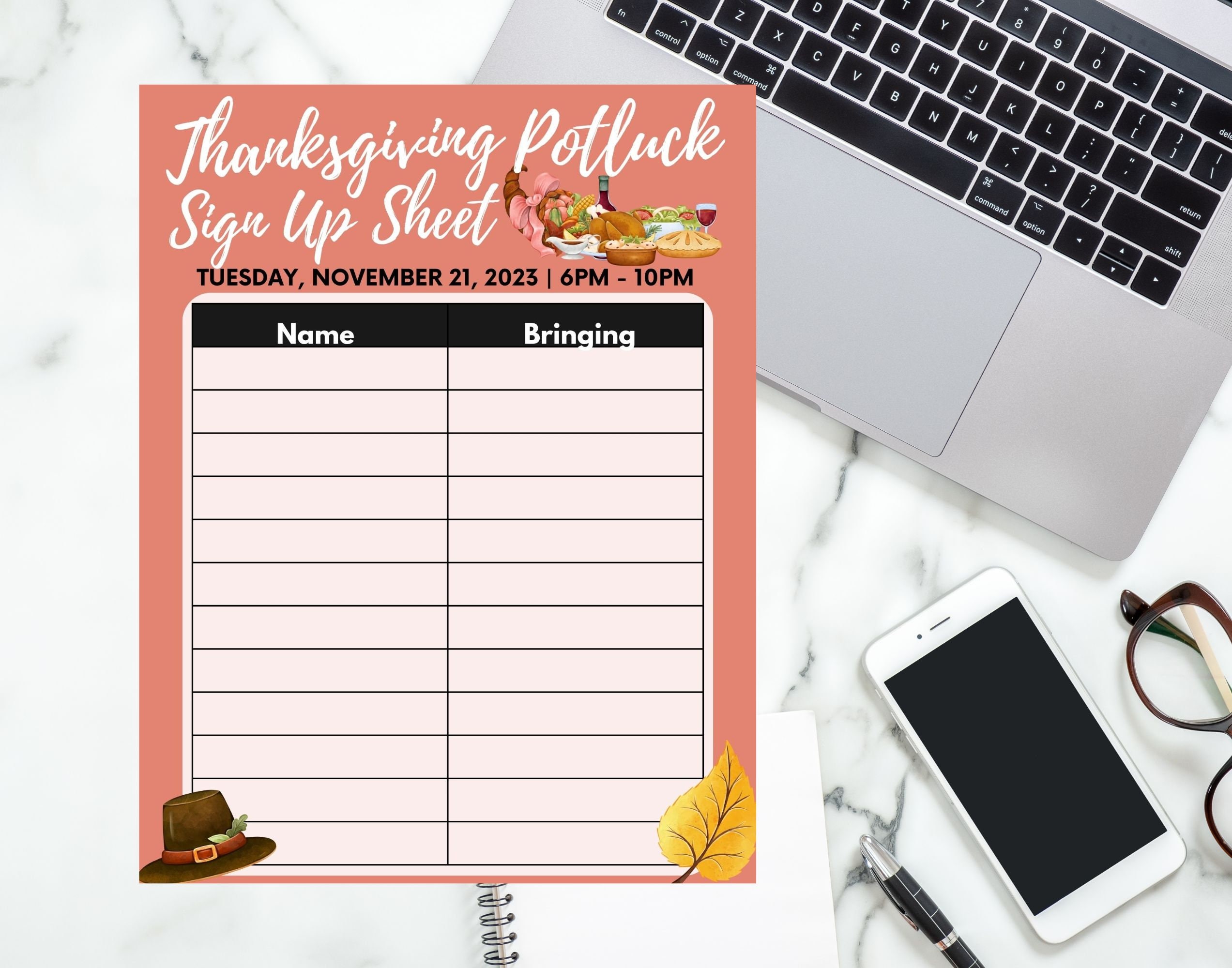 EDITABLE and Printable Thanksgiving Potluck Sign up Sheet Template, Instant Download ...