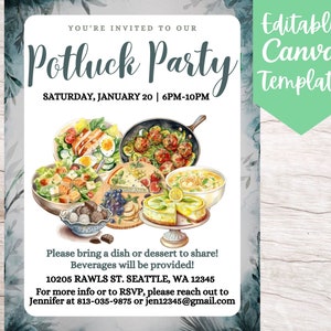 編集可能で印刷可能なオフィス ポットラック パーティー イベント招待状テンプレート、すぐにダウンロードできるコミュニティ ポットラック パーティー Canva フライヤー テンプレート
