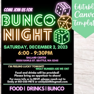 EDITABLE and Printable Neon Bunco Night Invitation Flyer Template, Instant Download Fun Bunco Night Event Canva Flyer Template