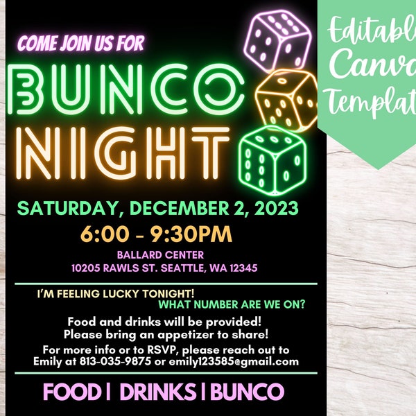 EDITABLE and Printable Neon Bunco Night Invitation Flyer Template, Instant Download Fun Bunco Night Event Canva Flyer Template