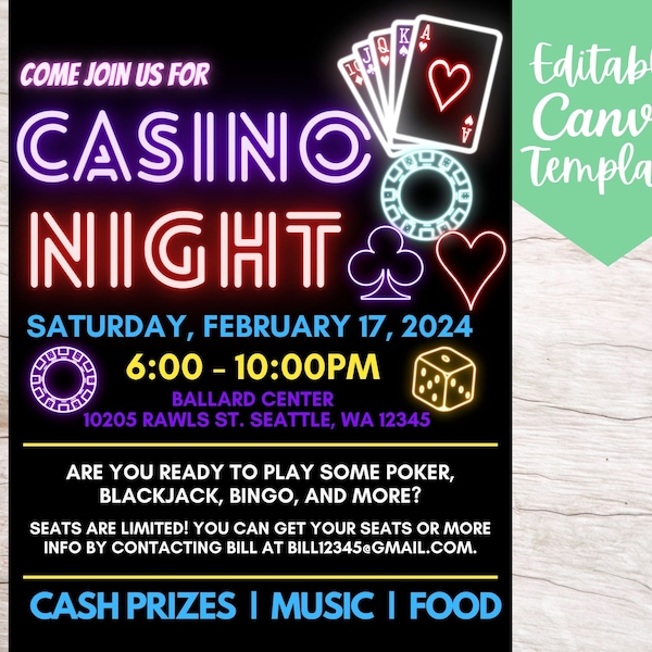 EDITABLE and Printable Neon Casino Night Event Flyer Template, Instant Download Neon Casino Night Company Event Canva Flyer Template