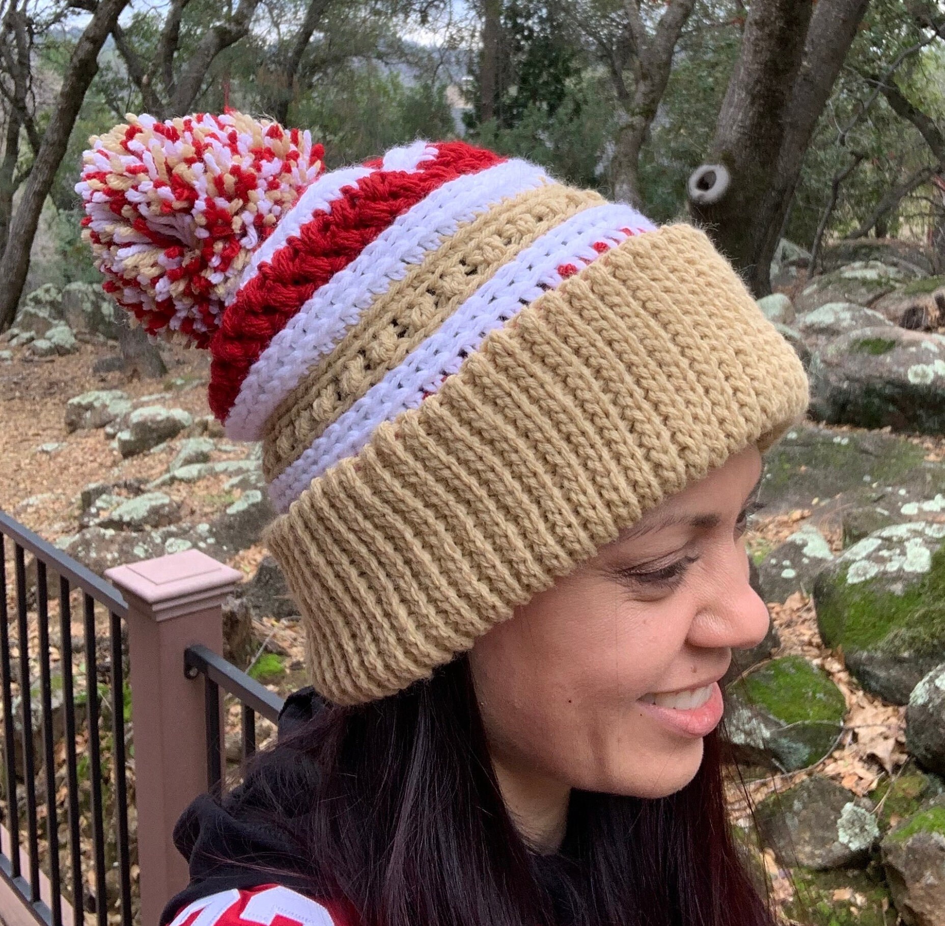 San Francisco 49ers Inspired Gold Red White Beanie Crochet Beanie