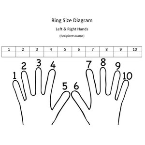 Puede incluir: Un diagrama en blanco y negro que muestra cómo medir el tamaño del anillo en ambas manos. El diagrama muestra dos manos con cada dedo numerado del 1 al 10. El texto sobre el diagrama dice "Ring Size Diagram", "Left & Right Hands" y "(Recipients Name)".