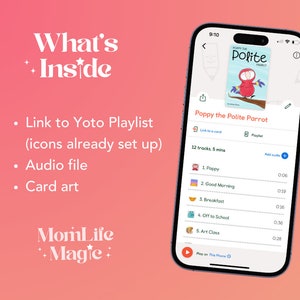 May include: A screenshot of a mobile phone displaying a Yoto card playlist for the book "Poppy the Polite Parrot". The playlist includes 12 tracks, totaling 5 minutes in length. The tracks are listed with their titles and durations. The phone screen also shows a play button and a link to a card.