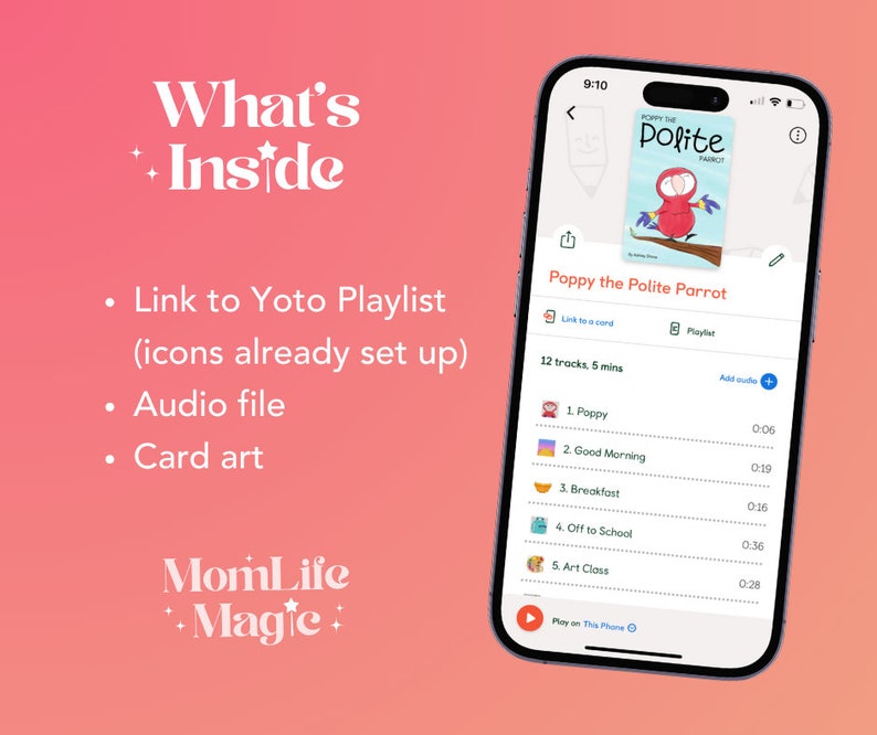 May include: A screenshot of a mobile phone displaying a Yoto card playlist for the book "Poppy the Polite Parrot". The playlist includes 12 tracks, totaling 5 minutes in length. The tracks are listed with their titles and durations. The phone screen also shows a play button and a link to a card.