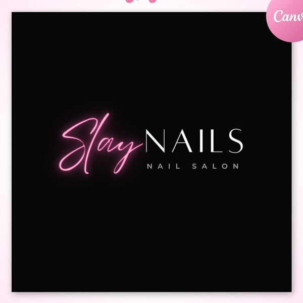 DIY Nail Salon Logo, Pink Neon Small Business Logo Design, Lash Boutique Branding Hair Makeup MUA Logo, Nails Editable Canva Logo Template