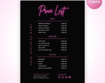 DIY Price List Template, Editable Beauty Salon Pricing Template Design, Printable Hair Stylist Wig Braids Nail Lash Makeup Canva Template