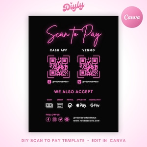 DIY Scan to Pay Sign Template, Editable QR Code Beauty Salon Pricing Template, Printable Hair Stylist Braids Nail Lash Makeup Canva Template