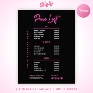 DIY Price List Template, Editable Beauty Salon Pricing Template Design, Printable Hair Stylist Wig Braids Nail Lash Makeup Canva Template