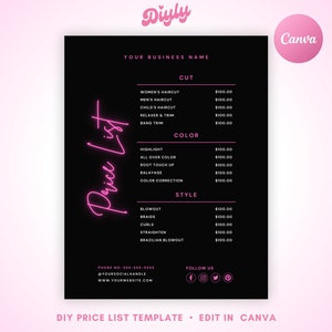 DIY Price List Template, Editable Beauty Salon Pricing Template Design, Printable Hair Stylist Wig Braids Nail Lash Makeup Canva Template