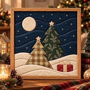 May include: A square framed fabric wall art piece featuring a quilted winter scene. The design includes a dark blue night sky with a cream moon and stars, two fabric Christmas trees with star toppers, snowy hills, and a red gift box with a bow.