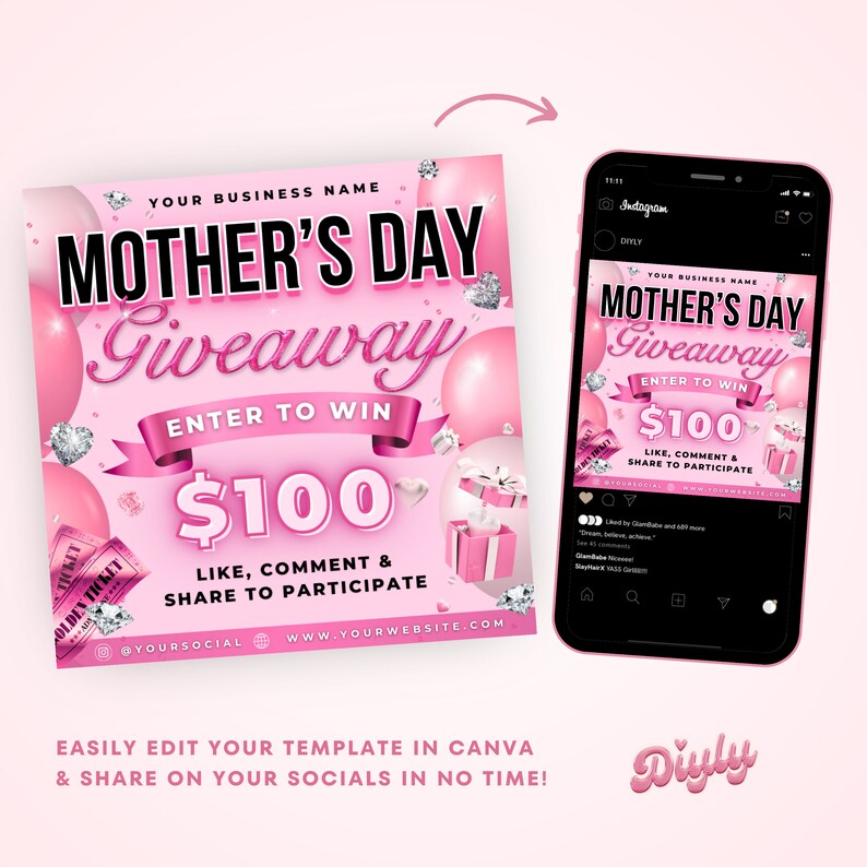 Mothers Day Giveaway Raffle Flyer, DIY Mother's May Ticket Contest Beauty Hair Lashes Wigs Braids Nails Social Media Editable Canva Template image 3